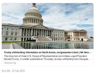 The chairmen of three U.S. House of Representative committees urged President Donald Trump, in a letter published on Thursday, to stop withholding from Congress information pertaining to North Korea and current negotiations with the DPRK.