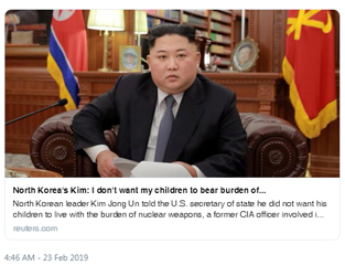 North Korean leader Kim Jong Un told the U.S. secretary of state he did not want his children to live with the burden of nuclear weapons, a former CIA officer involved in high-level diplomacy over the North’s weapons was quoted as saying on Saturday.