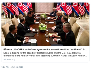 Seoul is preparing for the possibility of a bilateral end of war declaration in Hanoi. South Korean presidential spokesperson Kim Eui-keum said “I think the end-of-war declaration between North Korea and the U.S. would be sufficient by itself.