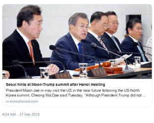 South Korea’s President Moon — who cleared his schedule to keep a close eye on the Trump-Kim summit in Vietnam — could try to meet Trump soon.