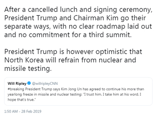 After a cancelled lunch and signing ceremony, President Trump and Chairman Kim go their separate ways, with no clear roadmap laid out and no commitment for a third summit.